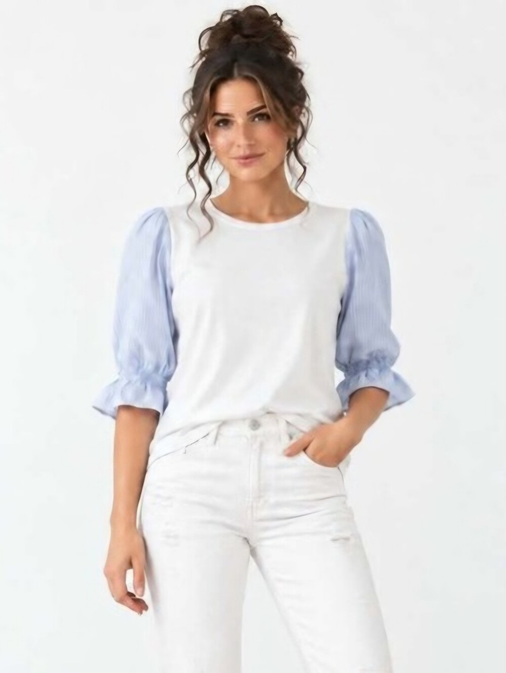 Cupio White Blue Stripe Puff Sleeve Ruffle Cuff Top Small NWOT